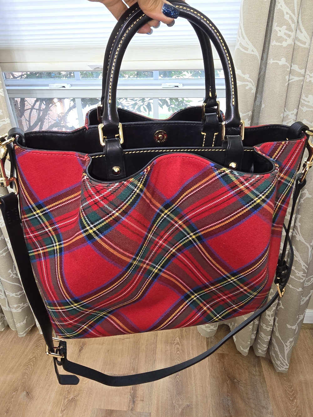 Dooney & Bourke Red Plaid Tote Bag with Black Trim - Picture 12 of 12